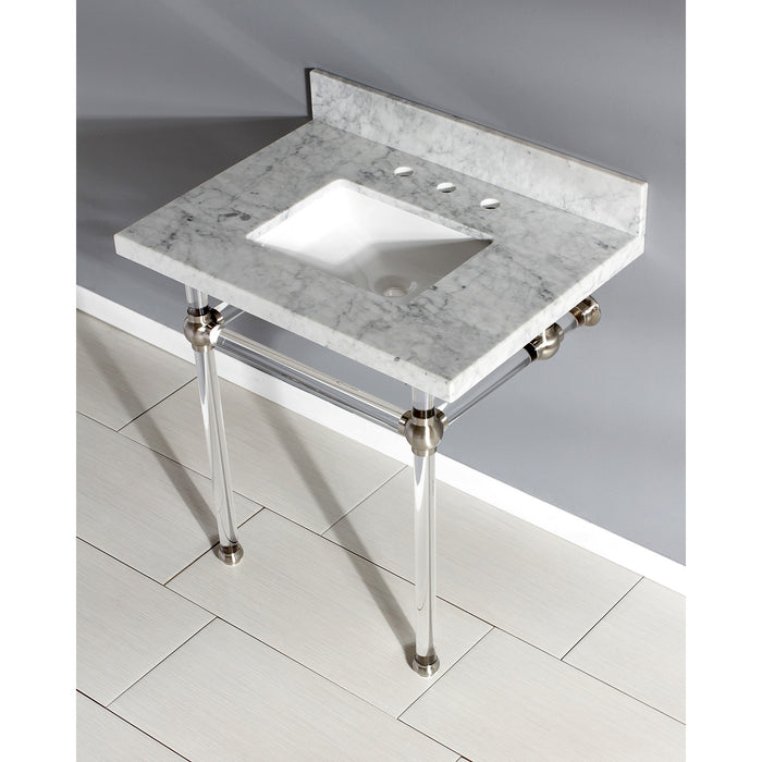 Kingston Tulare KVPB3030MASQ8 - Templeton 30-Inch Carrara Marble Vanity Top with Acrylic Legs (8-Inch, 3-Hole), Carrara Marble White/Brushed Nickel