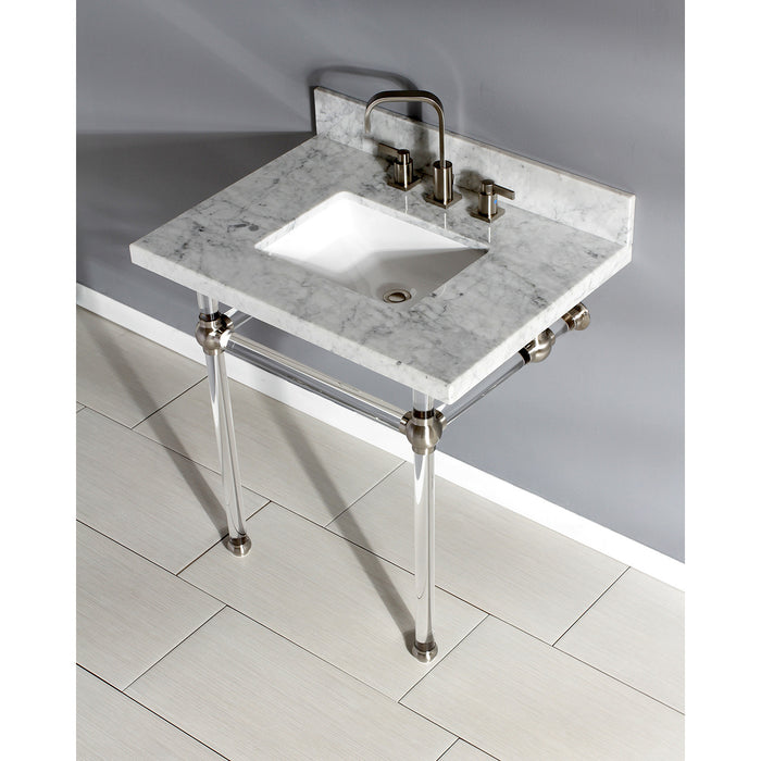 Kingston Tulare KVPB3030MASQ8 - Templeton 30-Inch Carrara Marble Vanity Top with Acrylic Legs (8-Inch, 3-Hole), Carrara Marble White/Brushed Nickel