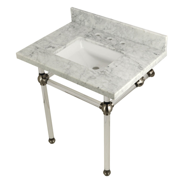 Kingston Tulare KVPB3030MASQ8 - Templeton 30-Inch Carrara Marble Vanity Top with Acrylic Legs (8-Inch, 3-Hole), Carrara Marble White/Brushed Nickel