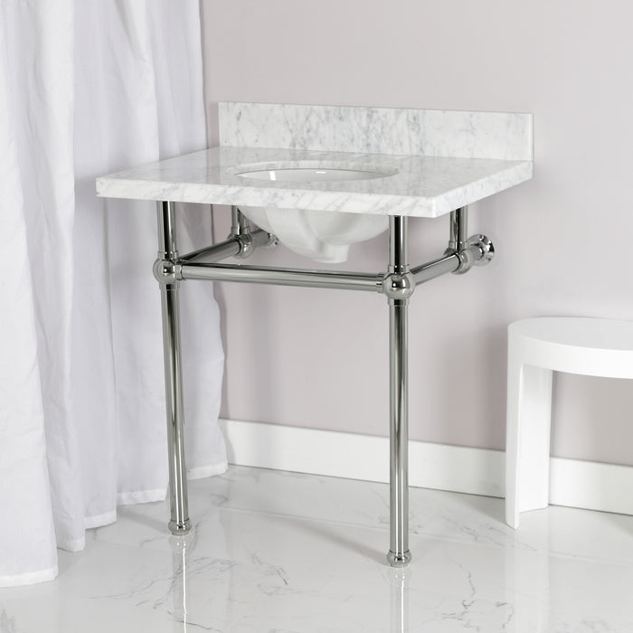 Kingston Heirloom KVPB3030MB1 - Templeton 30-Inch Carrara Marble Vanity Top with Brass Legs (8-Inch, 3-Hole), Carrara Marble White/Polished Chrome