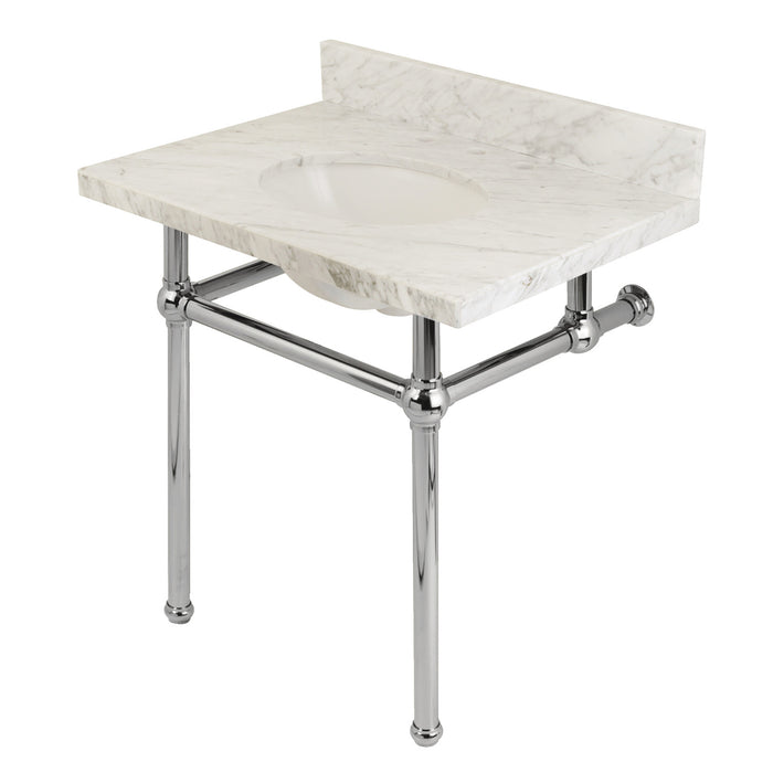 Kingston Heirloom KVPB3030MB1 - Templeton 30-Inch Carrara Marble Vanity Top with Brass Legs (8-Inch, 3-Hole), Carrara Marble White/Polished Chrome