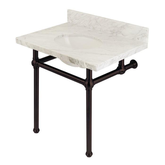 Kingston Heirloom KVPB3030MB5 - Templeton 30-Inch Carrara Marble Vanity Top with Brass Legs (8-Inch, 3-Hole), Carrara Marble White/Oil Rubbed Bronze
