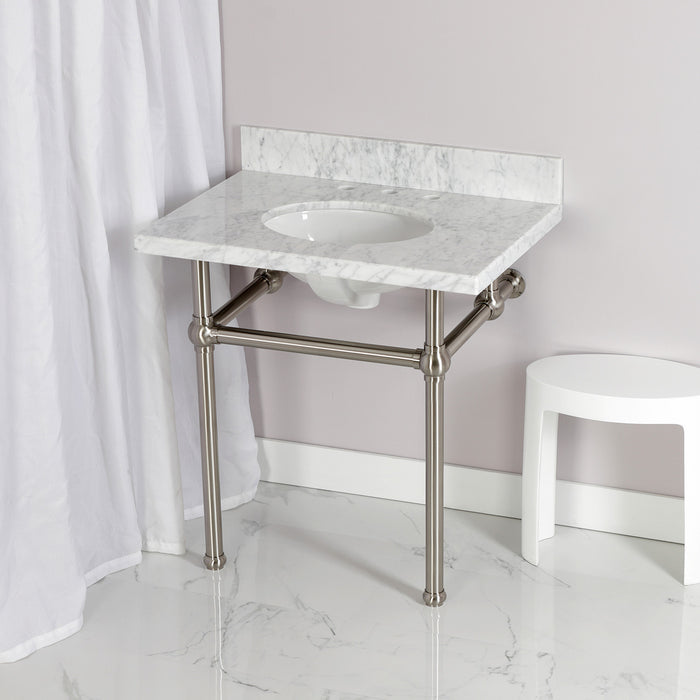 Kingston Heirloom KVPB3030MB8 - Templeton 30-Inch Carrara Marble Vanity Top with Brass Legs (8-Inch, 3-Hole), Carrara Marble White/Brushed Nickel