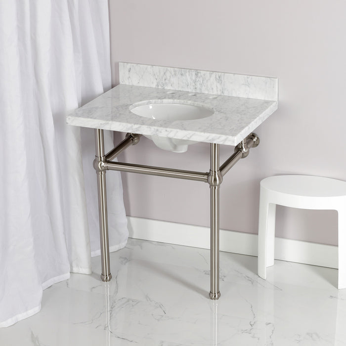 Fauceture KVPB3030MB8 30-Inch Marble Console Sink with Brass Feet, Carrara Marble/Brushed Nickel