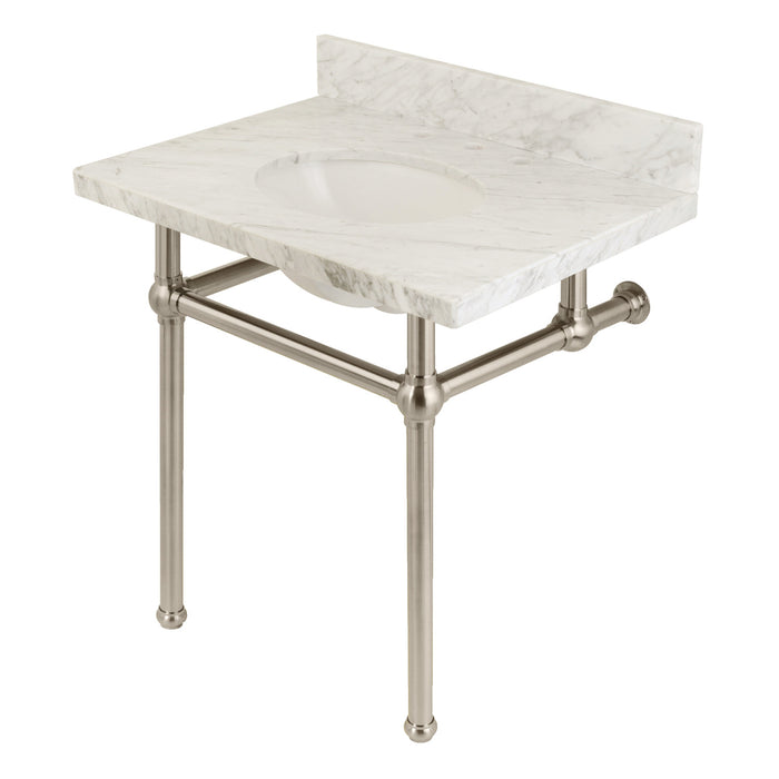 Fauceture KVPB3030MB8 30-Inch Marble Console Sink with Brass Feet, Carrara Marble/Brushed Nickel