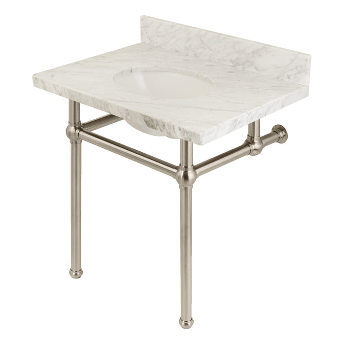 Kingston Heirloom KVPB3030MB8 - Templeton 30-Inch Carrara Marble Vanity Top with Brass Legs (8-Inch, 3-Hole), Carrara Marble White/Brushed Nickel