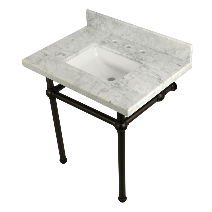 Fauceture KVPB3030MBSQ5 30-Inch Marble Console Sink with Brass Feet, Carrara Marble/Oil Rubbed Bronze
