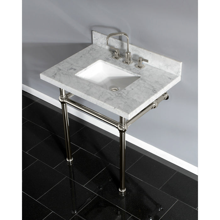 Kingston Heirloom KVPB3030MBSQ6 - Templeton 30-Inch Carrara Marble Vanity Top with Brass Legs (8-Inch, 3-Hole), Carrara Marble White/Polished Nickel