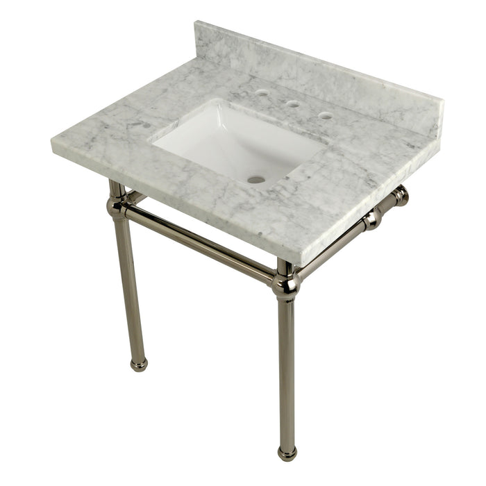 Kingston Heirloom KVPB3030MBSQ6 - Templeton 30-Inch Carrara Marble Vanity Top with Brass Legs (8-Inch, 3-Hole), Carrara Marble White/Polished Nickel