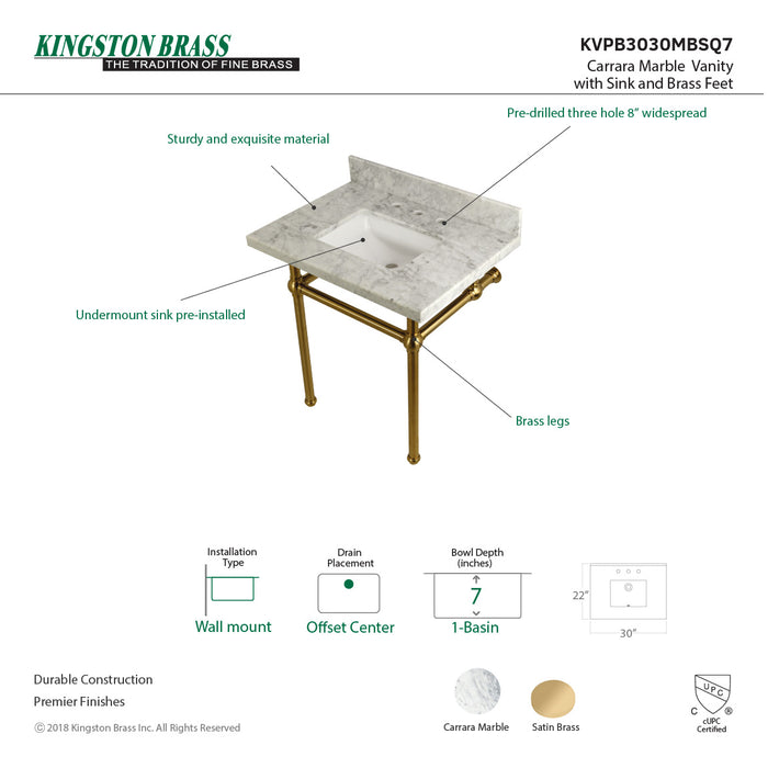 Kingston Heirloom KVPB3030MBSQ7 - Templeton 30-Inch Carrara Marble Vanity Top with Brass Legs (8-Inch, 3-Hole), Carrara Marble White/Brushed Brass
