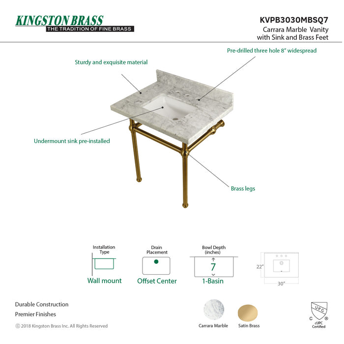 Fauceture KVPB3030MBSQ7 30-Inch Marble Console Sink with Brass Feet, Carrara Marble/Brushed Brass
