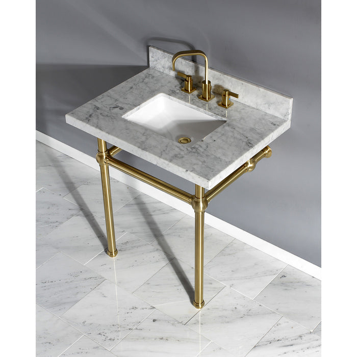 Kingston Heirloom KVPB3030MBSQ7 - Templeton 30-Inch Carrara Marble Vanity Top with Brass Legs (8-Inch, 3-Hole), Carrara Marble White/Brushed Brass
