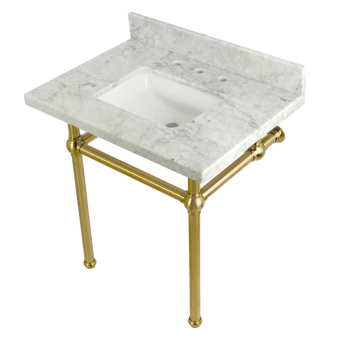 Kingston Heirloom KVPB3030MBSQ7 - Templeton 30-Inch Carrara Marble Vanity Top with Brass Legs (8-Inch, 3-Hole), Carrara Marble White/Brushed Brass