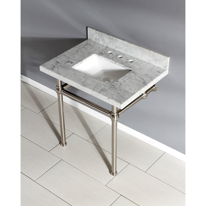 Fauceture KVPB3030MBSQ8 30-Inch Marble Console Sink with Brass Feet, Carrara Marble/Brushed Nickel