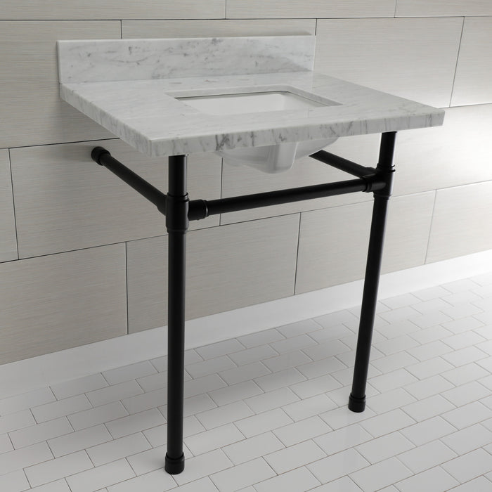 Kingston Tulare KVPB30M8SQ0ST - Dreyfuss 30-Inch Carrara Marble Vanity Top with Stainless Steel Legs (8-Inch, 3-Hole), Carrara Marble White/Matte Black