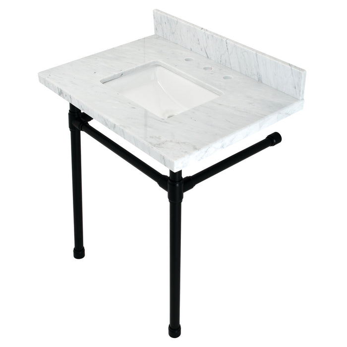 Kingston Tulare KVPB30M8SQ0ST - Dreyfuss 30-Inch Carrara Marble Vanity Top with Stainless Steel Legs (8-Inch, 3-Hole), Carrara Marble White/Matte Black