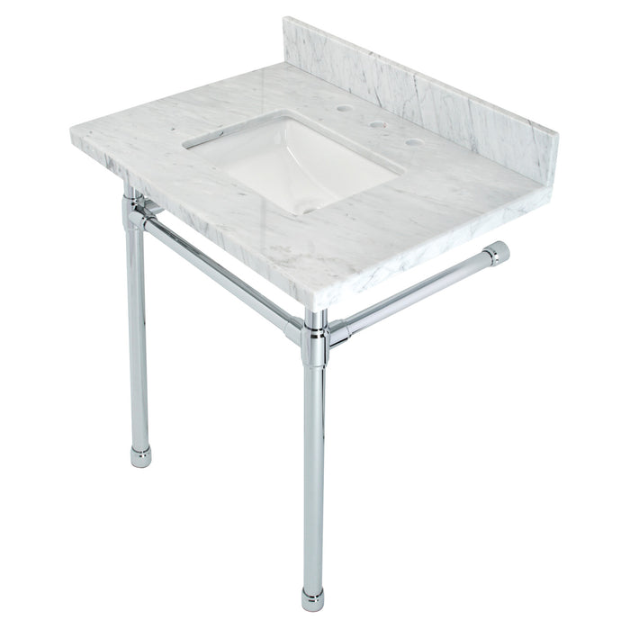Kingston Tulare KVPB30M8SQ1ST - Dreyfuss 30-Inch Carrara Marble Vanity Top with Stainless Steel Legs (8-Inch, 3-Hole), Carrara Marble White/Polished Chrome