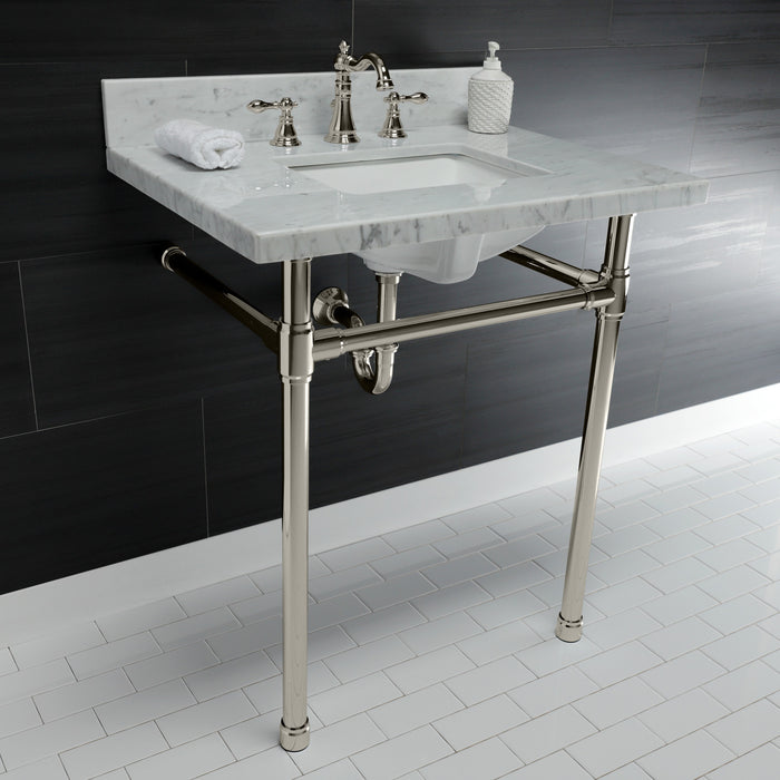 Kingston Tulare KVPB30M8SQ6ST - Dreyfuss 30-Inch Carrara Marble Vanity Top with Stainless Steel Legs (8-Inch, 3-Hole), Carrara Marble White/Polished Nickel