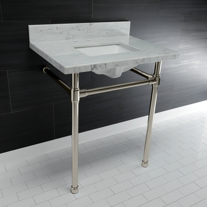 Kingston Tulare KVPB30M8SQ6ST - Dreyfuss 30-Inch Carrara Marble Vanity Top with Stainless Steel Legs (8-Inch, 3-Hole), Carrara Marble White/Polished Nickel
