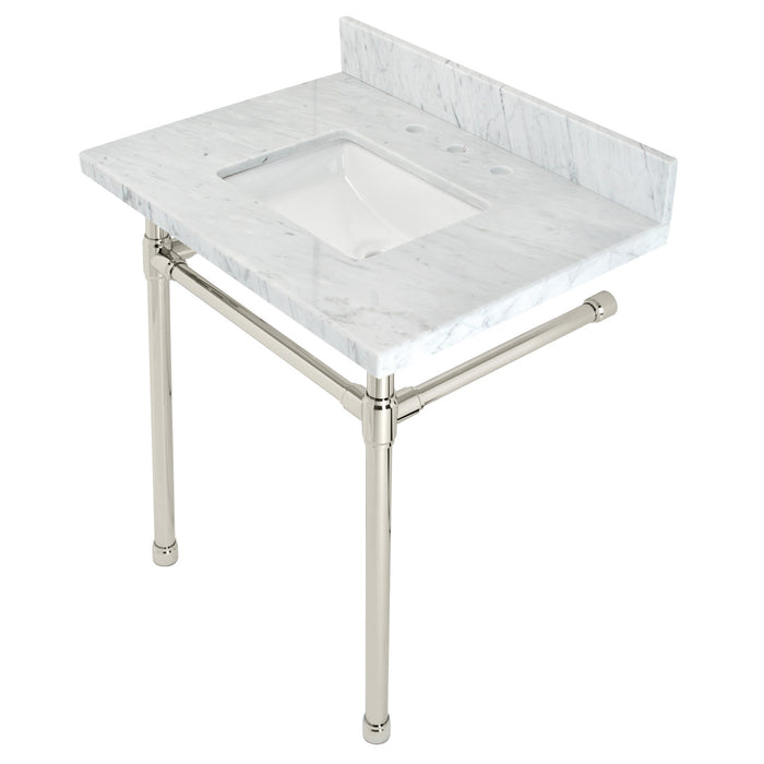 Kingston Tulare KVPB30M8SQ6ST - Dreyfuss 30-Inch Carrara Marble Vanity Top with Stainless Steel Legs (8-Inch, 3-Hole), Carrara Marble White/Polished Nickel