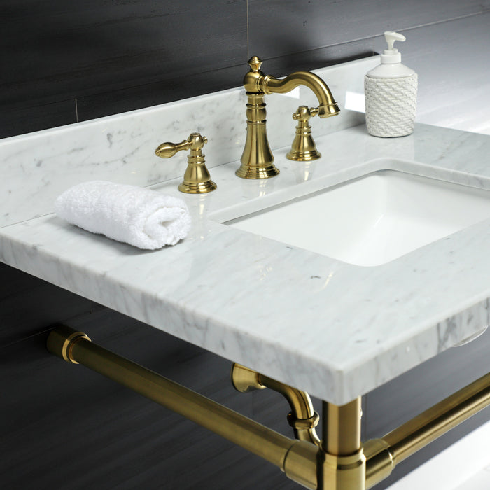 Kingston Tulare KVPB30M8SQ7ST - Dreyfuss 30-Inch Carrara Marble Vanity Top with Stainless Steel Legs (8-Inch, 3-Hole), Carrara Marble White/Brushed Brass