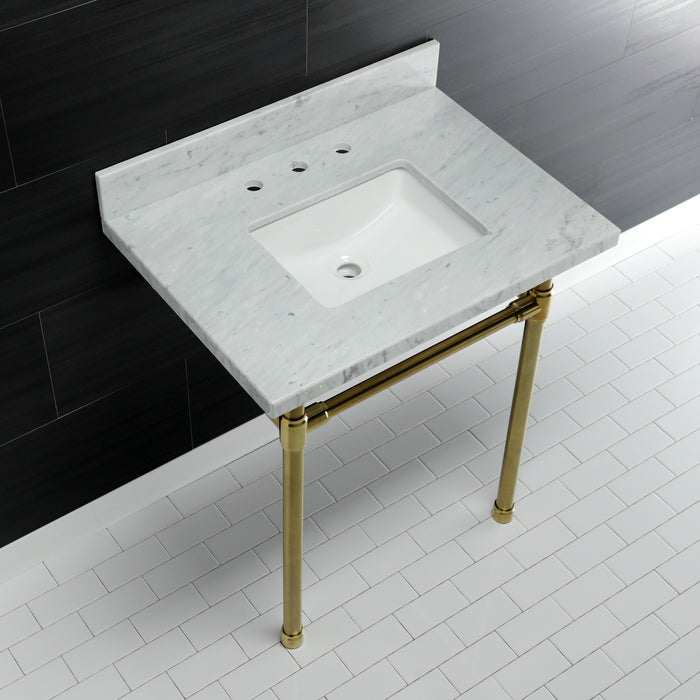Kingston Tulare KVPB30M8SQ7ST - Dreyfuss 30-Inch Carrara Marble Vanity Top with Stainless Steel Legs (8-Inch, 3-Hole), Carrara Marble White/Brushed Brass