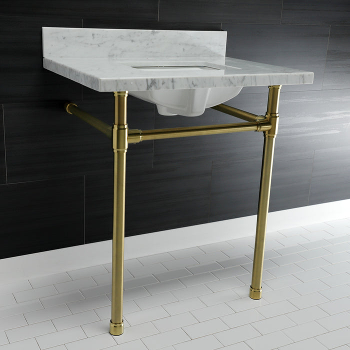 Kingston Tulare KVPB30M8SQ7ST - Dreyfuss 30-Inch Carrara Marble Vanity Top with Stainless Steel Legs (8-Inch, 3-Hole), Carrara Marble White/Brushed Brass