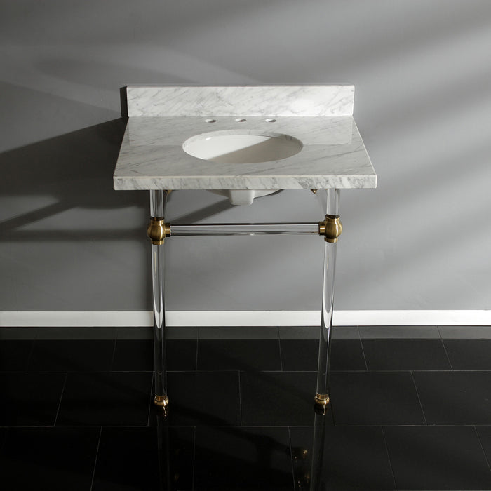 Kingston Tulare KVPB30MA7 - Templeton 30-Inch Carrara Marble Vanity Top with Acrylic Legs (8-Inch, 3-Hole), Carrara Marble White/Brushed Brass