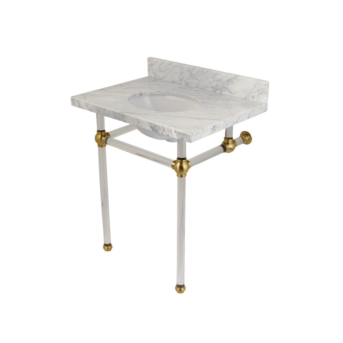 Kingston Tulare KVPB30MA7 - Templeton 30-Inch Carrara Marble Vanity Top with Acrylic Legs (8-Inch, 3-Hole), Carrara Marble White/Brushed Brass