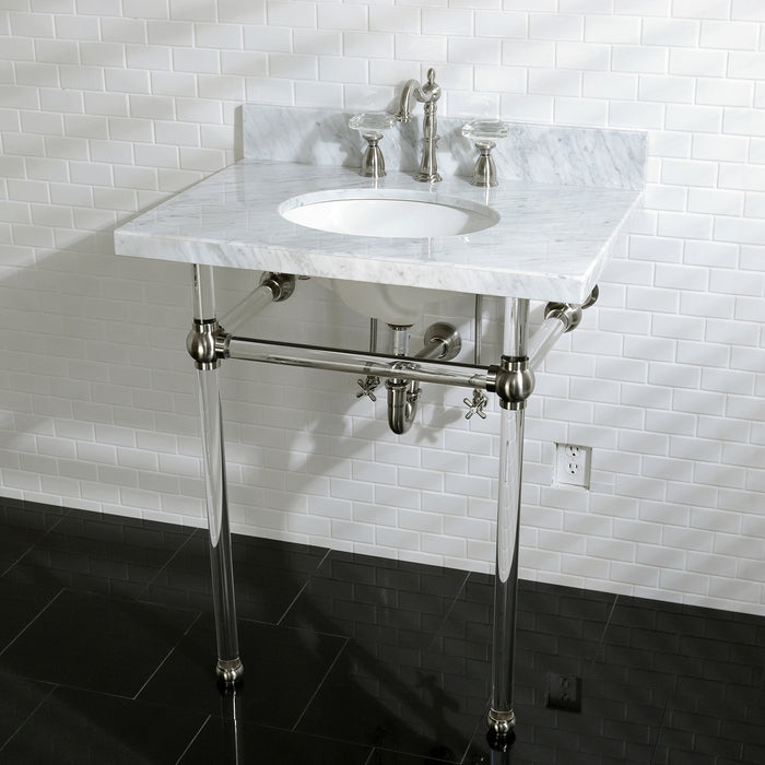 Kingston Tulare KVPB30MA8 - Templeton 30-Inch Carrara Marble Vanity Top with Acrylic Legs (8-Inch, 3-Hole), Carrara Marble White/Brushed Nickel