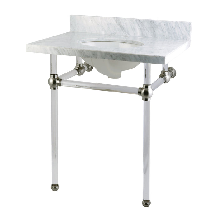 Fauceture KVPB30MA8 30-Inch Marble Console Sink with Acrylic Feet, Carrara Marble/Brushed Nickel