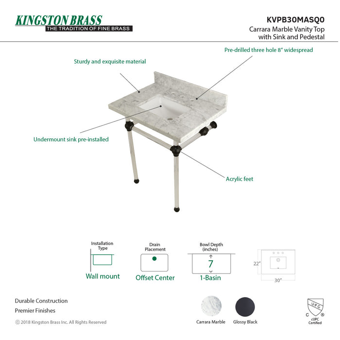 Kingston Tulare KVPB30MASQ0 - Templeton 30-Inch Carrara Marble Vanity Top with Acrylic Legs (8-Inch, 3-Hole), Carrara Marble White/Matte Black