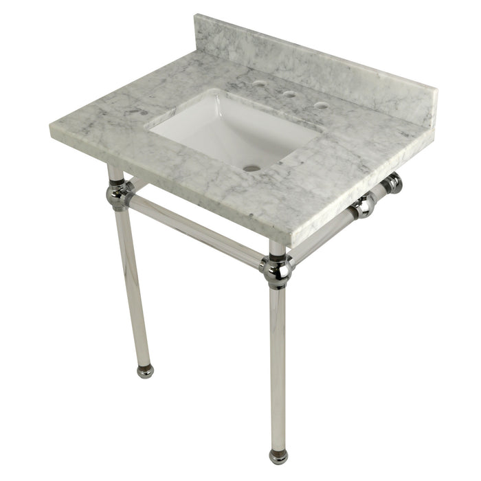 Kingston Tulare KVPB30MASQ1 - Templeton 30-Inch Carrara Marble Vanity Top with Acrylic Legs (8-Inch, 3-Hole), Carrara Marble White/Polished Chrome