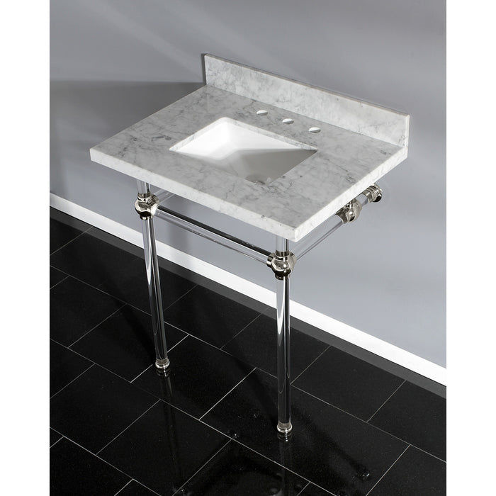 Kingston Tulare KVPB30MASQ6 - Templeton 30-Inch Carrara Marble Vanity Top with Acrylic Legs (8-Inch, 3-Hole), Carrara Marble White/Polished Nickel
