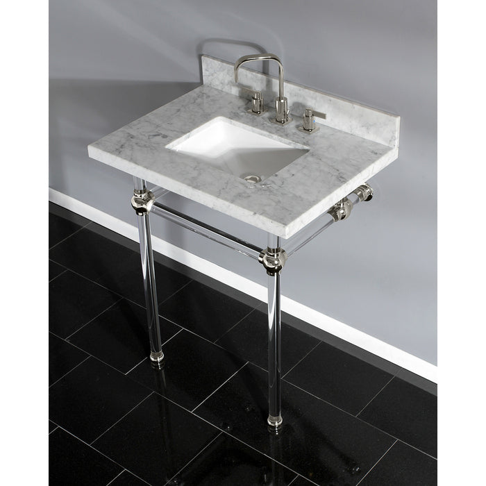 Kingston Tulare KVPB30MASQ6 - Templeton 30-Inch Carrara Marble Vanity Top with Acrylic Legs (8-Inch, 3-Hole), Carrara Marble White/Polished Nickel