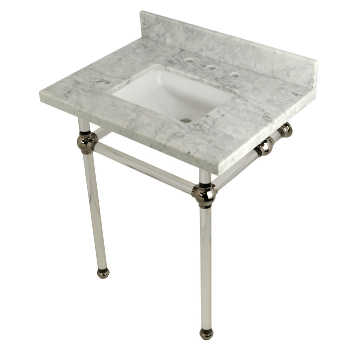 Kingston Tulare KVPB30MASQ6 - Templeton 30-Inch Carrara Marble Vanity Top with Acrylic Legs (8-Inch, 3-Hole), Carrara Marble White/Polished Nickel
