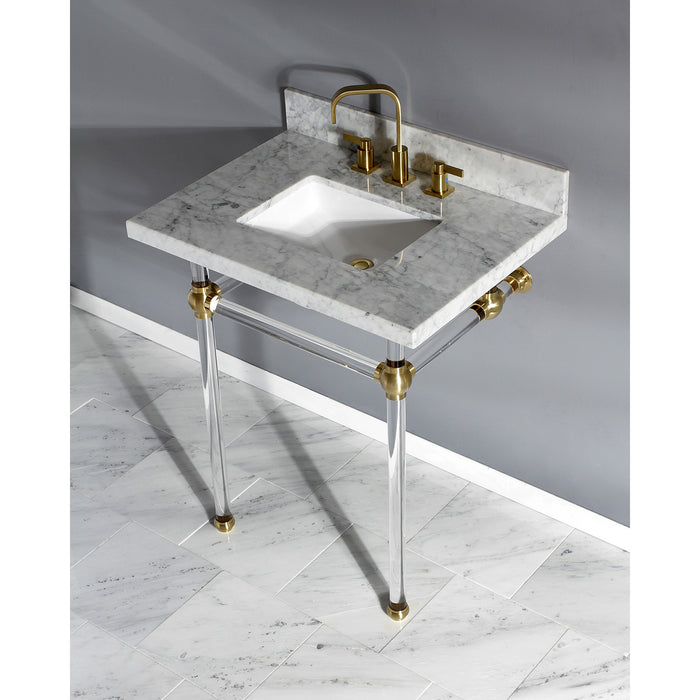Fauceture KVPB30MASQ7 30-Inch Marble Console Sink with Acrylic Feet, Carrara Marble/Brushed Brass