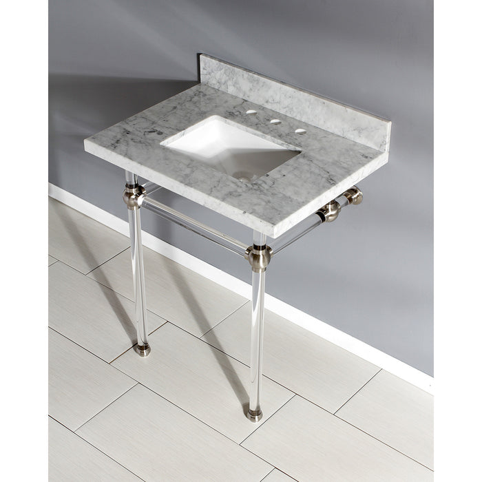 Kingston Tulare KVPB30MASQ8 - Templeton 30-Inch Carrara Marble Vanity Top with Acrylic Legs (8-Inch, 3-Hole), Carrara Marble White/Brushed Nickel