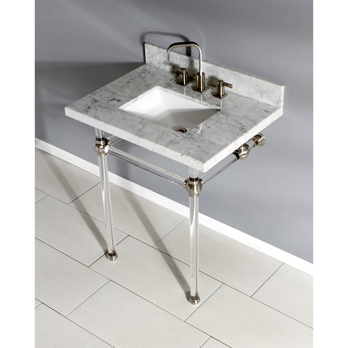 Kingston Tulare KVPB30MASQ8 - Templeton 30-Inch Carrara Marble Vanity Top with Acrylic Legs (8-Inch, 3-Hole), Carrara Marble White/Brushed Nickel