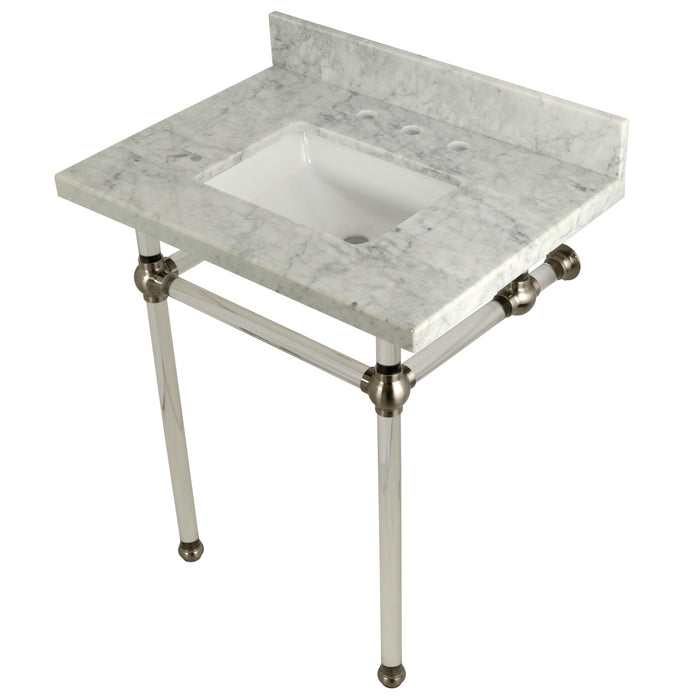 Kingston Tulare KVPB30MASQ8 - Templeton 30-Inch Carrara Marble Vanity Top with Acrylic Legs (8-Inch, 3-Hole), Carrara Marble White/Brushed Nickel