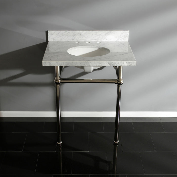 Fauceture KVPB30MB6 30-Inch Marble Console Sink with Brass Feet, Carrara Marble/Polished Nickel