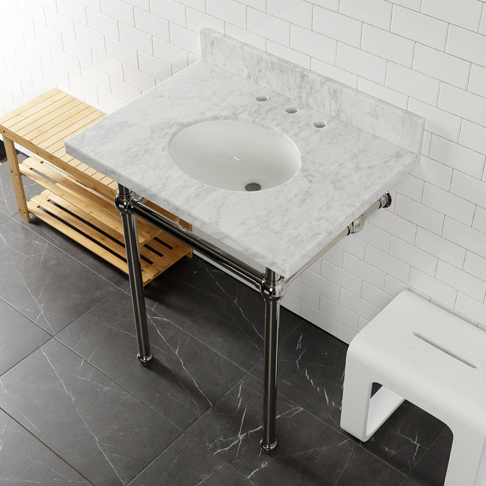 Fauceture KVPB30MB6 30-Inch Marble Console Sink with Brass Feet, Carrara Marble/Polished Nickel