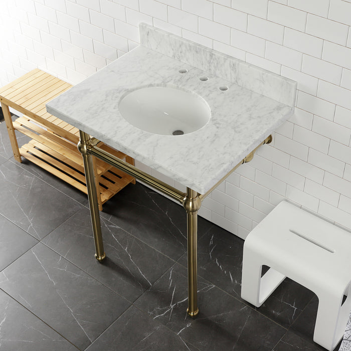 Templeton KVPB30MB7 30-Inch Carrara Marble Vanity Top with Brass Legs (8-Inch, 3-Hole), Carrara Marble White/Brushed Brass