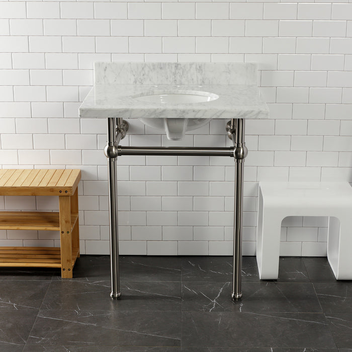 Kingston Heirloom KVPB30MB8 - Templeton 30-Inch Carrara Marble Vanity Top with Brass Legs (8-Inch, 3-Hole), Carrara Marble White/Brushed Nickel