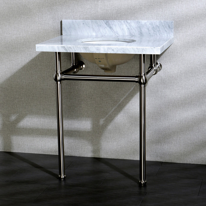Fauceture KVPB30MB8 30-Inch Marble Console Sink with Brass Feet, Carrara Marble/Brushed Nickel