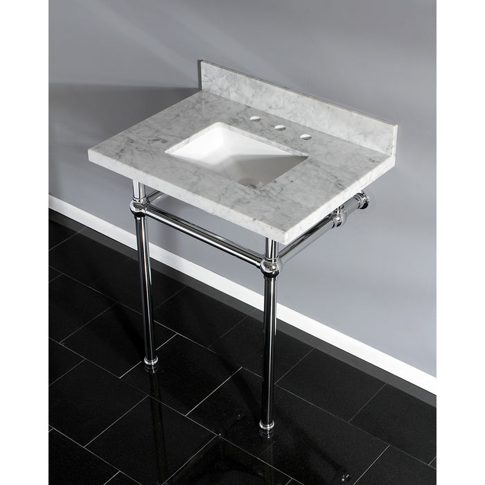 Kingston Heirloom KVPB30MBSQ1 - Templeton 30-Inch Carrara Marble Vanity Top with Brass Legs (8-Inch, 3-Hole), Carrara Marble White/Polished Chrome