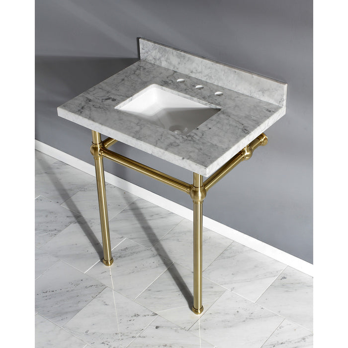 Fauceture KVPB30MBSQ7 30-Inch Marble Console Sink with Brass Feet, Carrara Marble/Brushed Brass