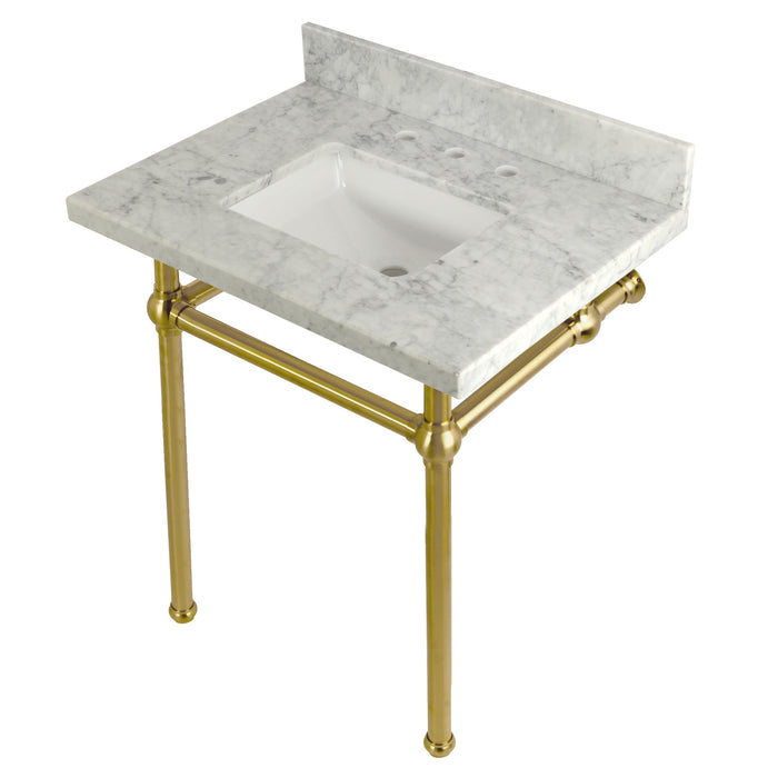Kingston Heirloom KVPB30MBSQ7 - Templeton 30-Inch Carrara Marble Vanity Top with Brass Legs (8-Inch, 3-Hole), Carrara Marble White/Brushed Brass