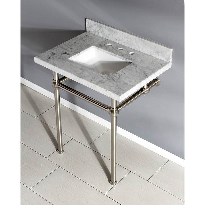 Kingston Heirloom KVPB30MBSQ8 - Templeton 30-Inch Carrara Marble Vanity Top with Brass Legs (8-Inch, 3-Hole), Carrara Marble White/Brushed Nickel