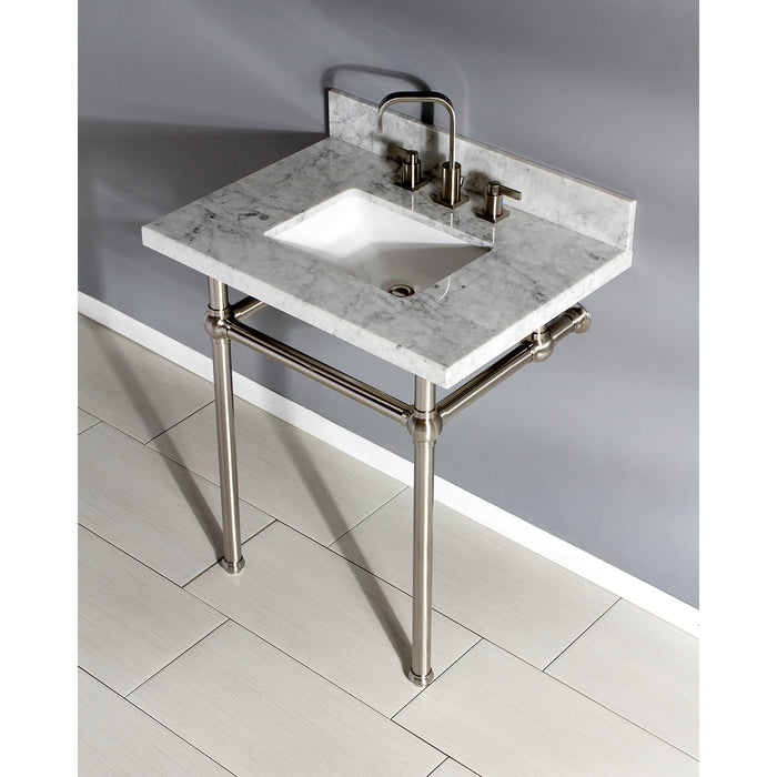 Kingston Heirloom KVPB30MBSQ8 - Templeton 30-Inch Carrara Marble Vanity Top with Brass Legs (8-Inch, 3-Hole), Carrara Marble White/Brushed Nickel